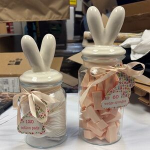 Bunny Ear Glass Jars with cotton pads, wedge sponges, and cotton balls